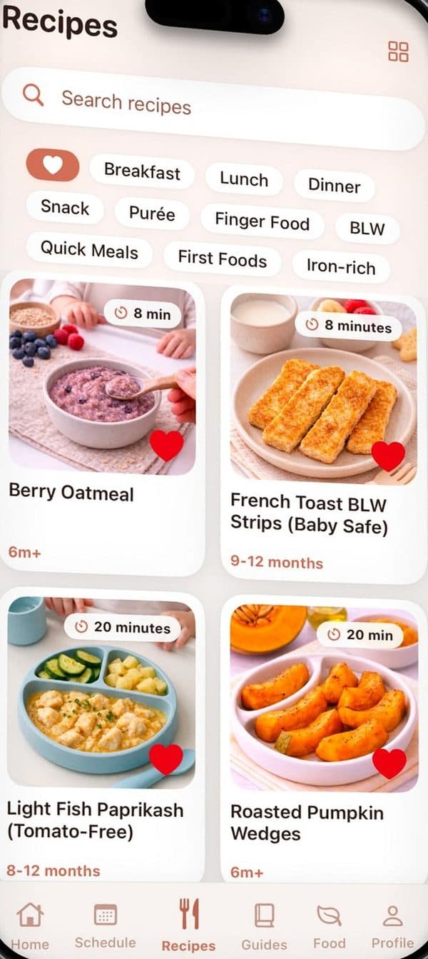 The Recipes screen of the Nibli app: recipe search, meal and texture filters, and recipe photos with preparation times